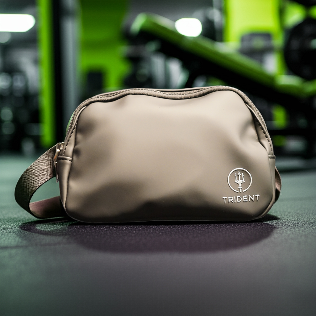 Black crossbody bag with Trident logo on a dark surface with blurred gym equipment in the background