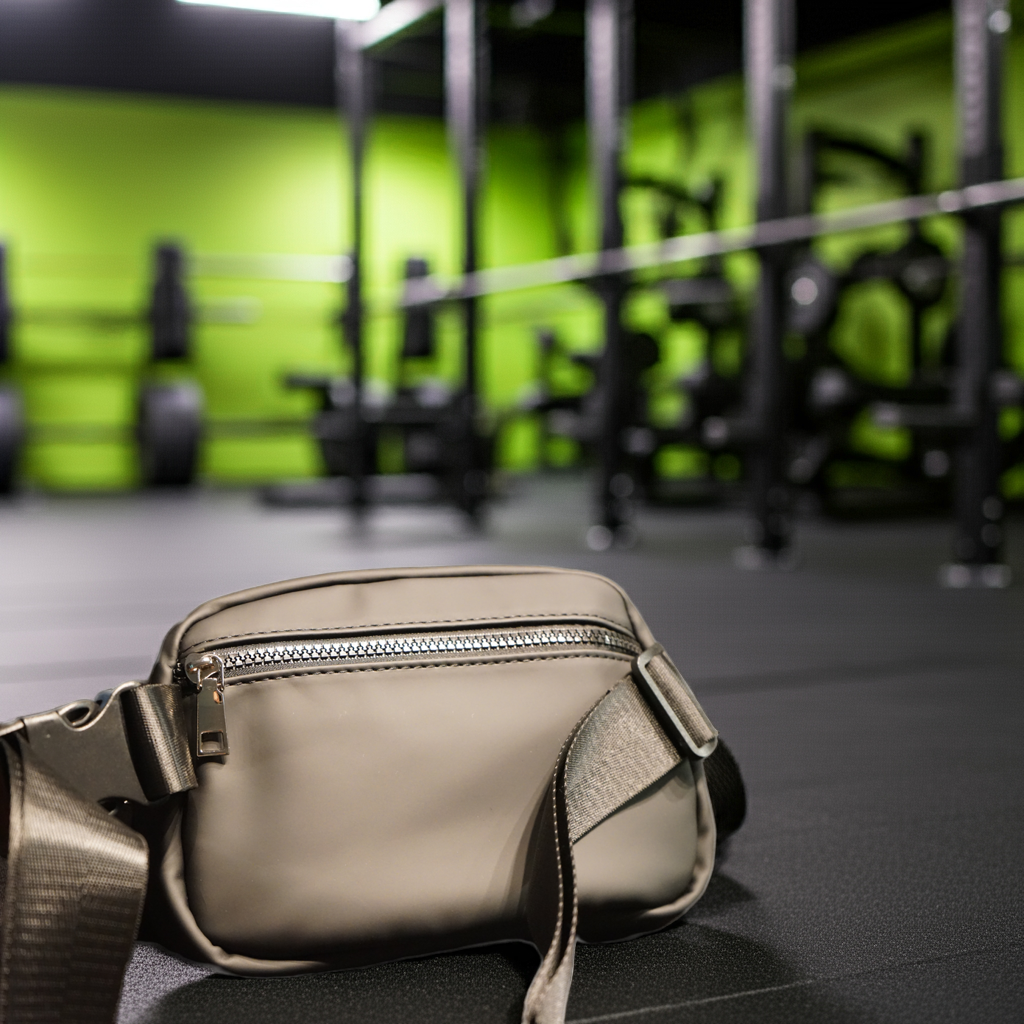 black waist bag on a gym floor with blurred gym equipment in the background