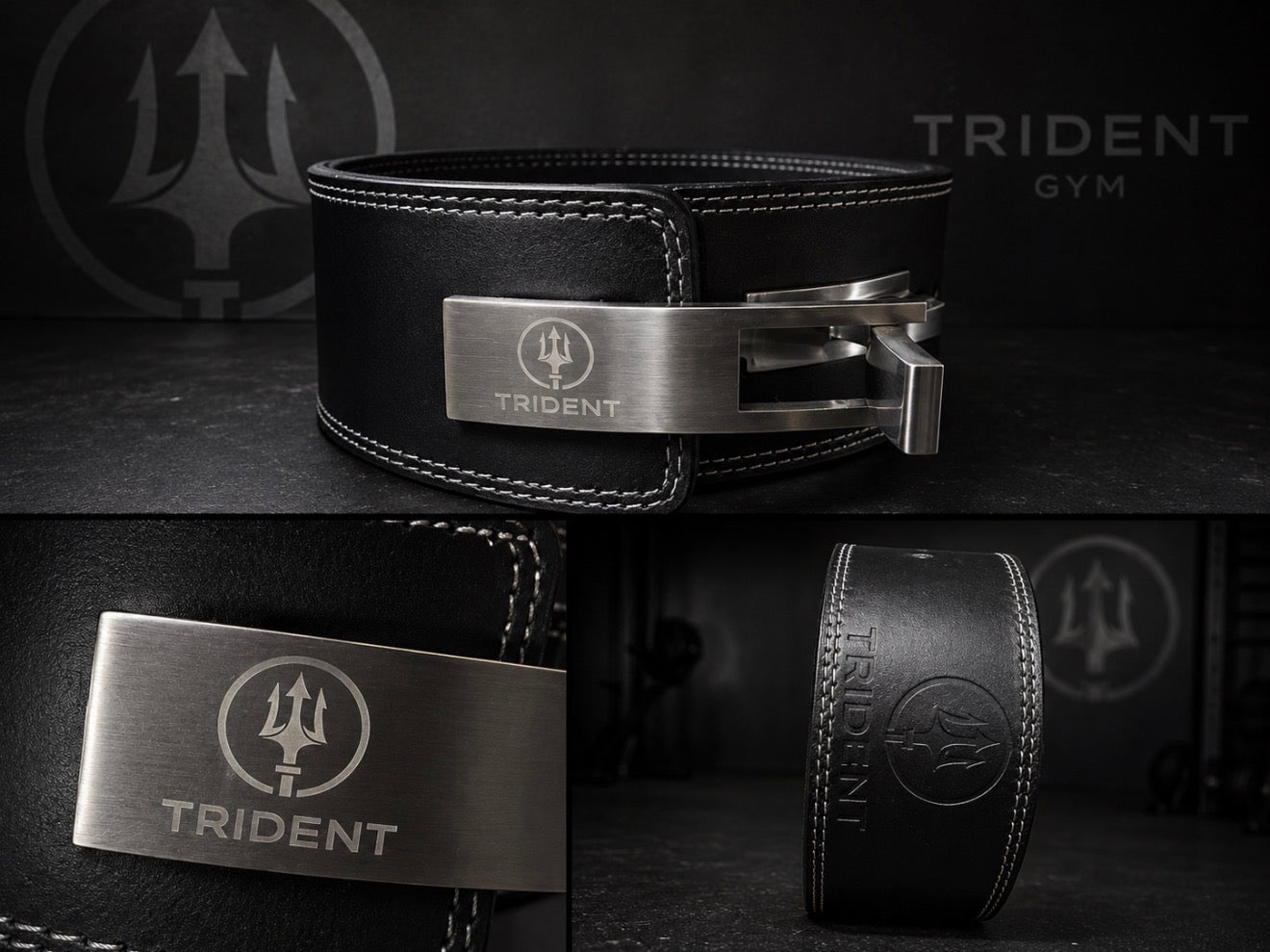 TRIDENT lifting belt genuine leather double-stitched with stainless steel buckle black