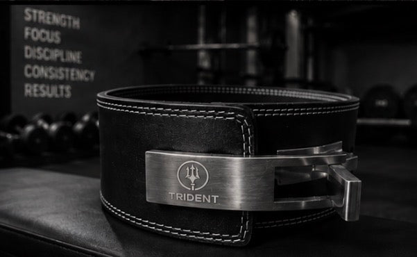 TRIDENT lifting belt genuine leather buckle detail 316 stainless steel close up