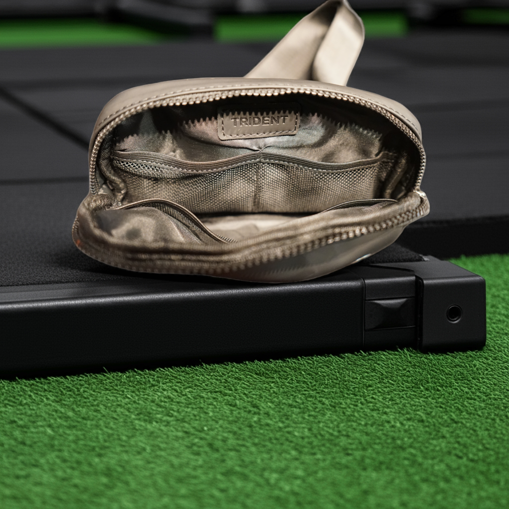 inside black trident fanny pack with 'Trident' branding on a black surface with green grass in the background